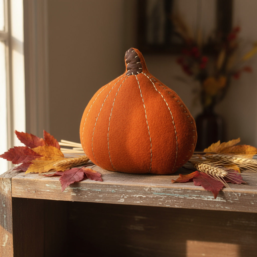 Fabric pumpkin on a wooden surface with autumn leaves and wheat