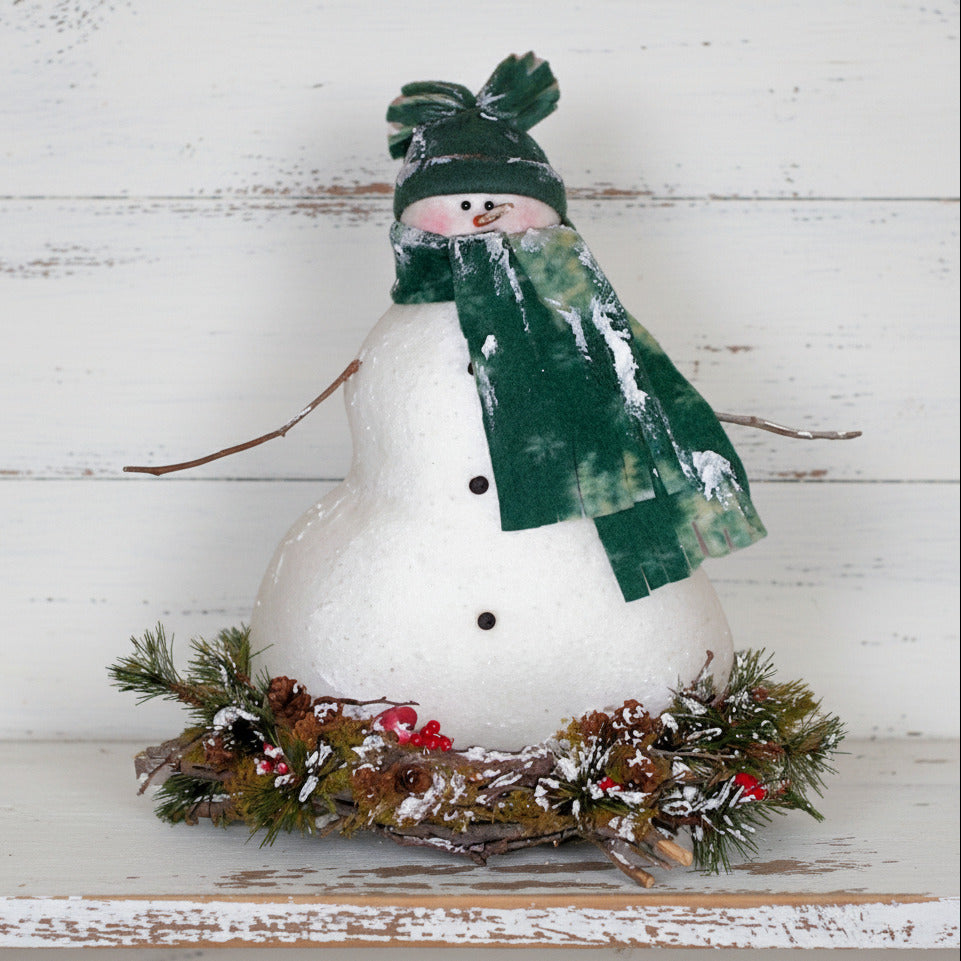 Decorative snowman with a green hat and scarf on a white background