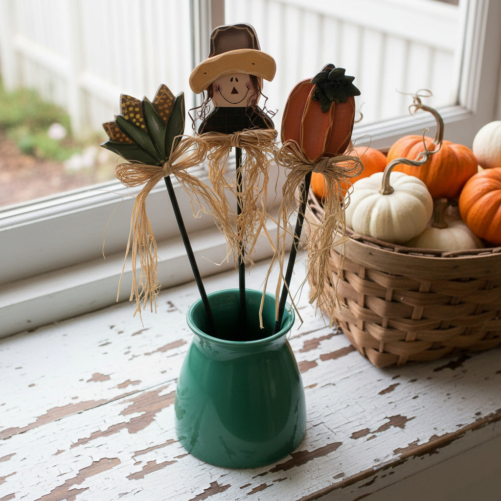 Decorative pumpkin sticks with a green vase on a wooden surface near a window.
