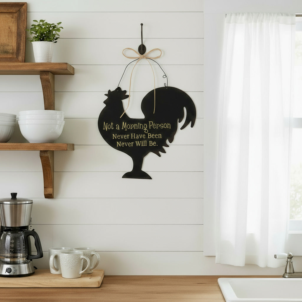Black silhouette of a rooster with humorous text on a white background