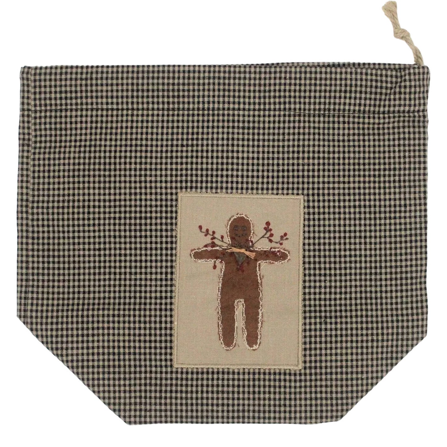 Checkered drawstring bag cube tissue box cover with embroidered gingerbread design on a white background