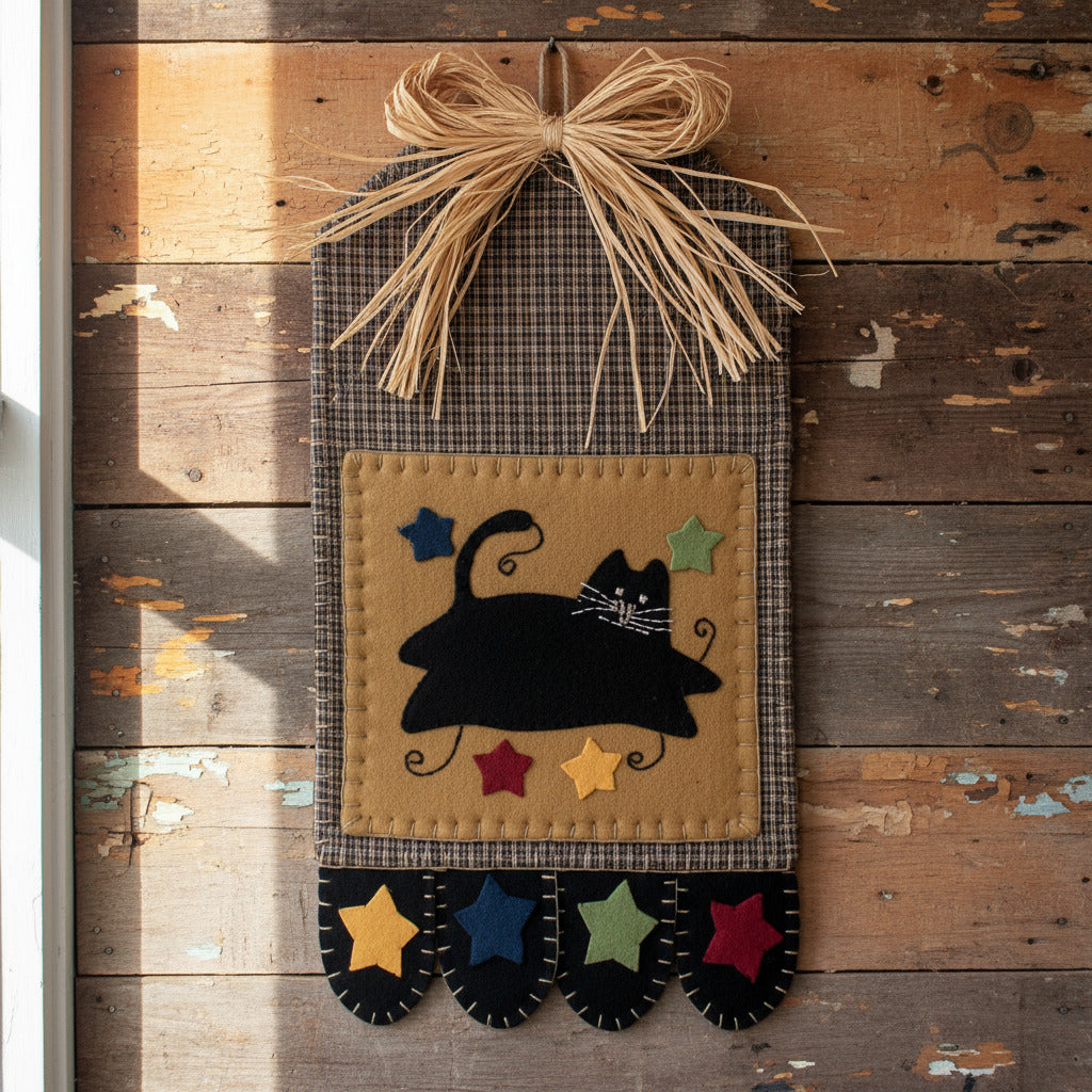 Decorative wall hanging with a black cat design on a wooden background