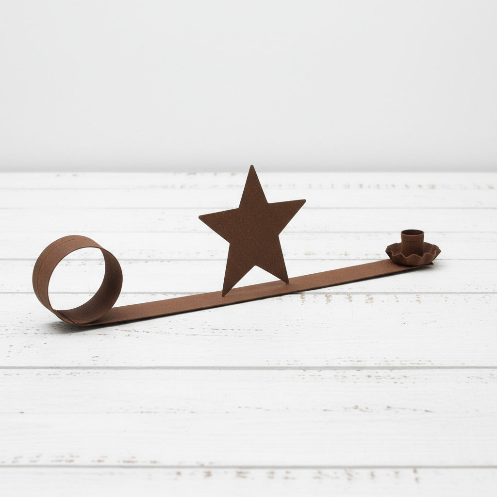 Rusty tin metal skinny taper candle holder with handle