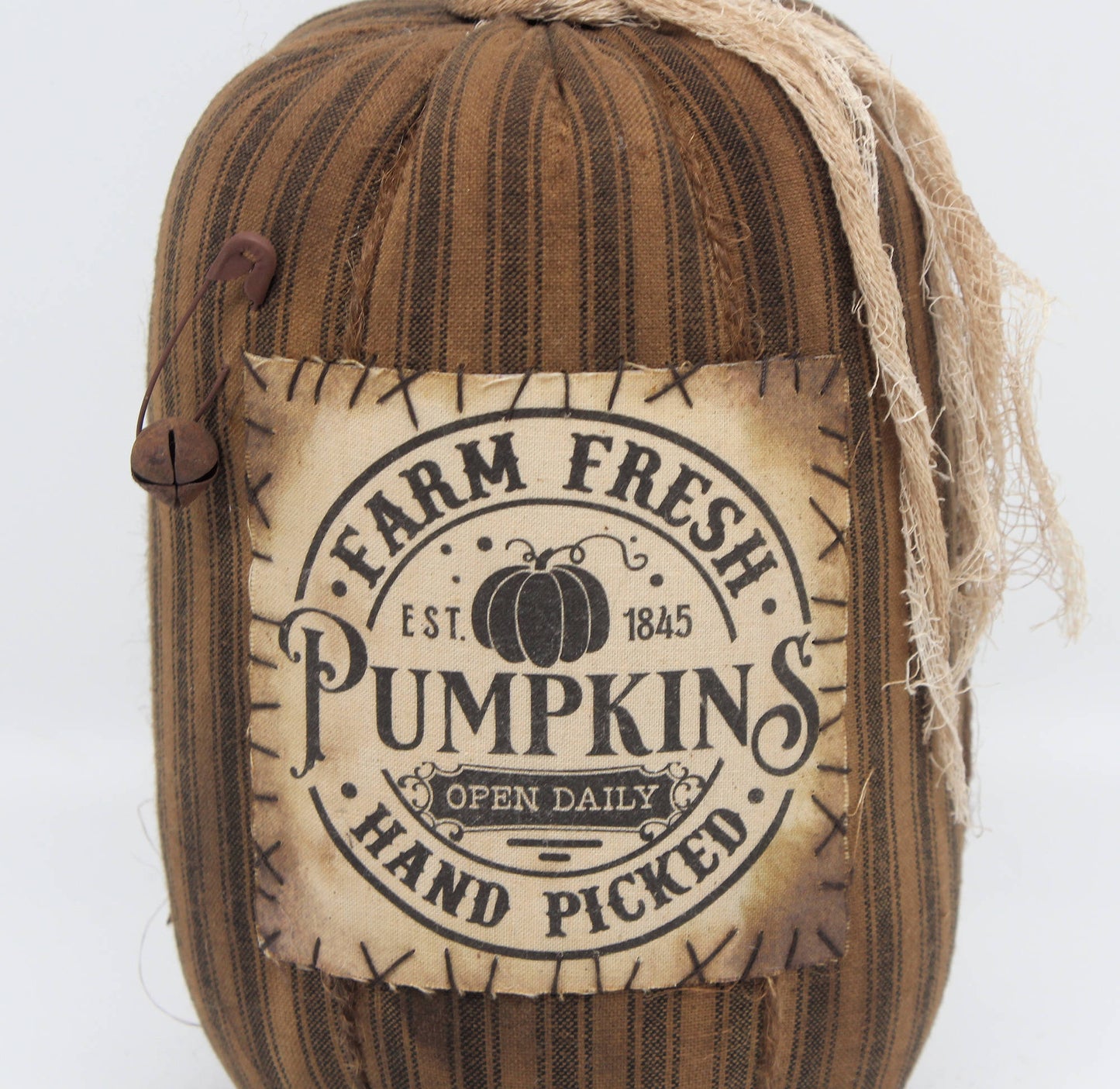 Decorative pumpkin with 'Farm Fresh Pumpkins' label on a white background