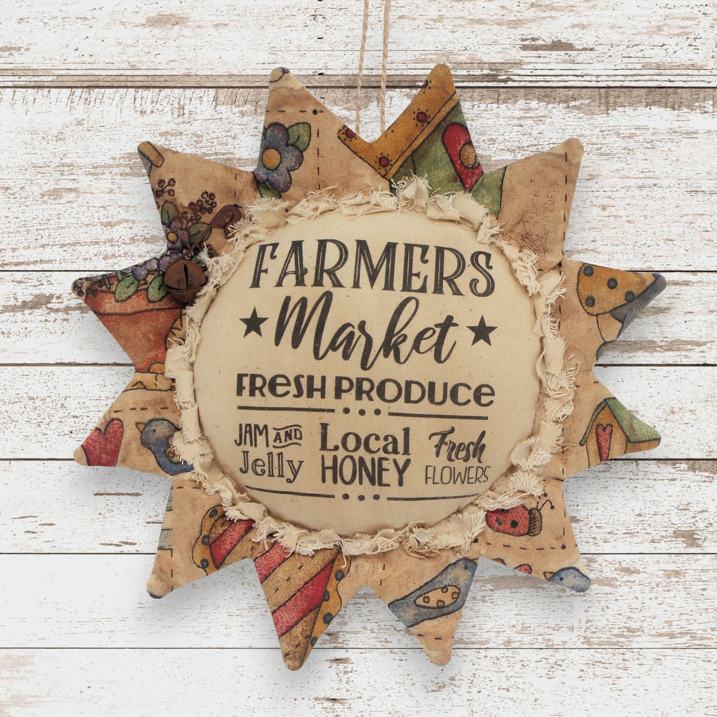 Primitive grungy fabric sunflower ornament with a farmers market design