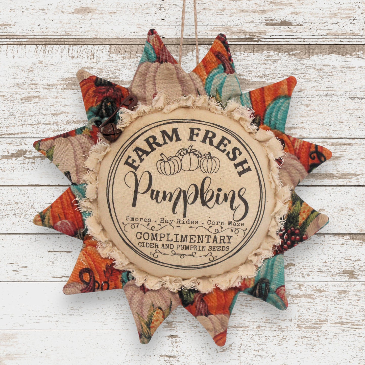 Primitive fabric sunflower ornament with text for farm fresh pumpkins