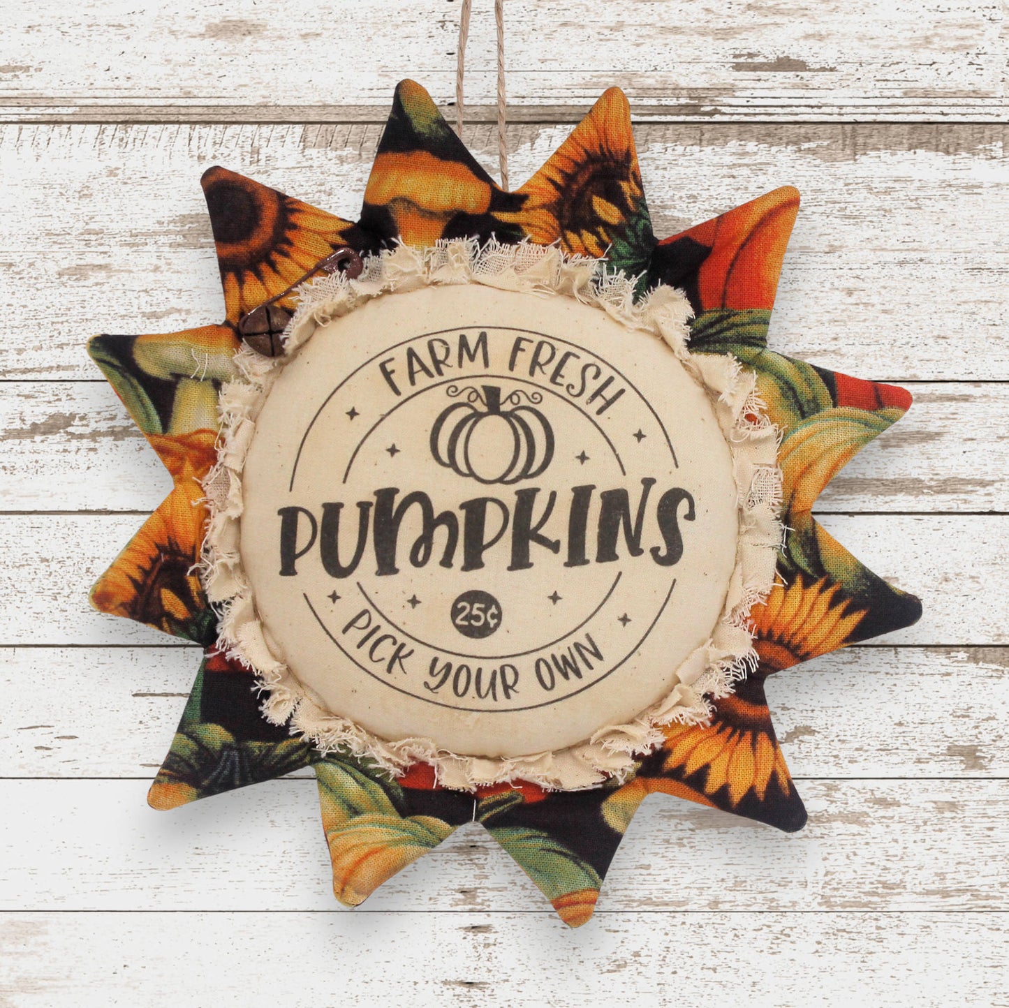 Handcrafted primitive fabric sunflower ornament with a panel for farm fresh pumpkins
