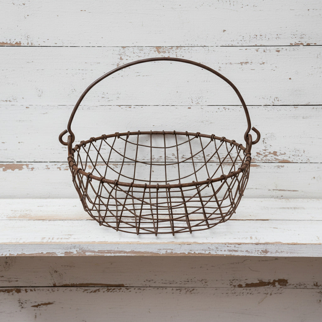 Rustic wire basket on a white background