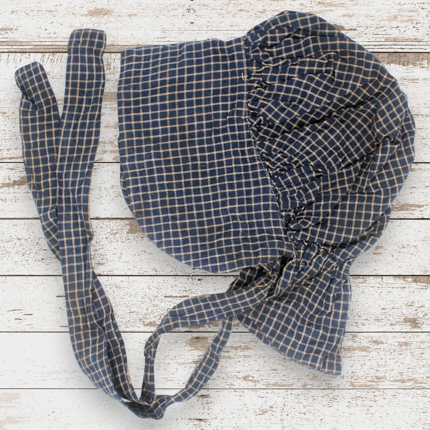 Dark blue and tan checked homespun decorative prairie bonnet