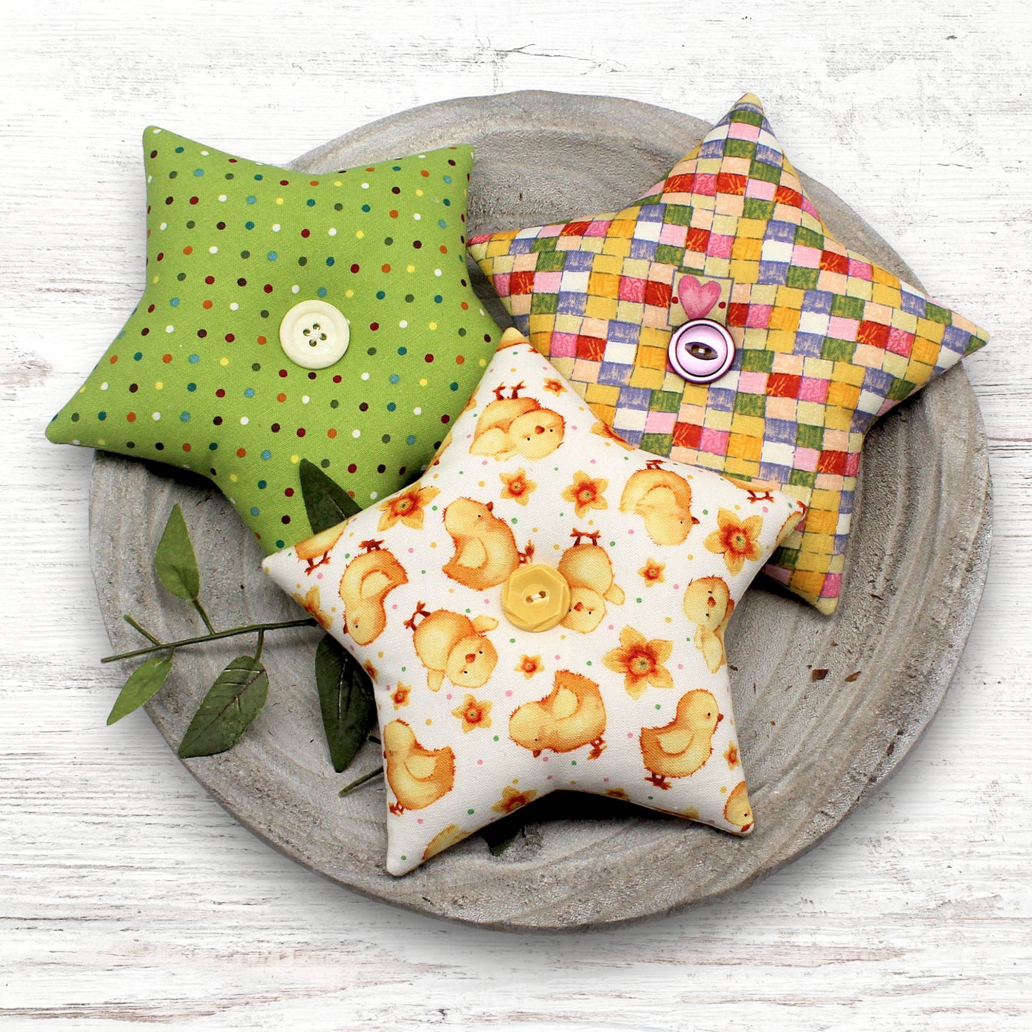 Set of three fabric stars bowl fillers with colorful fabrics and spring chicks