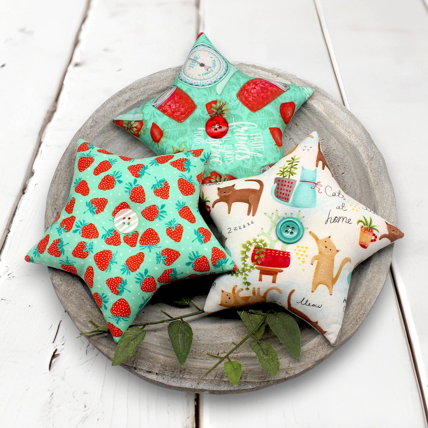 Set of three fabric stars bowl fillers with strawberry and cats designs
