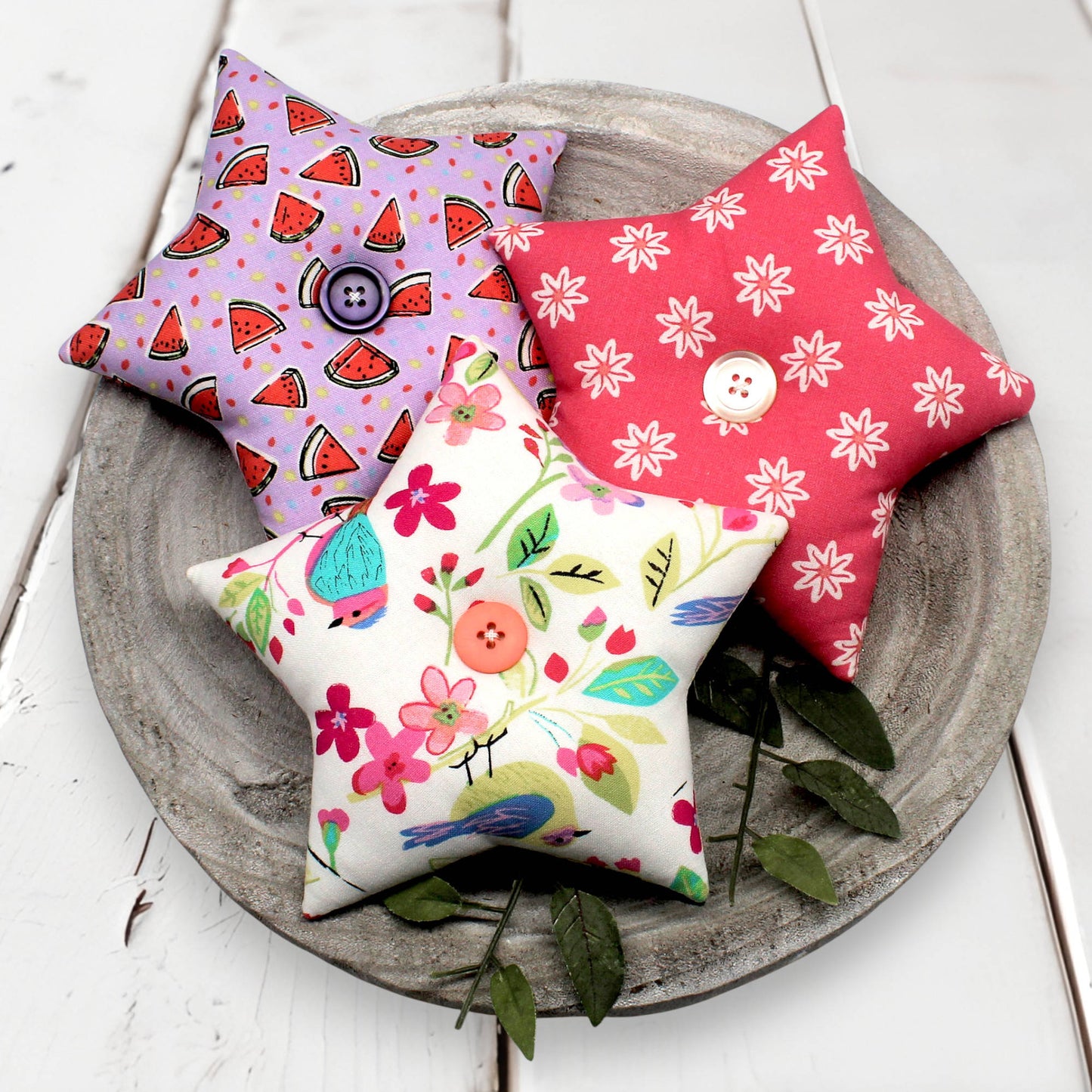 Set of three fabric stars bowl fillers with floral and watermelon designs
