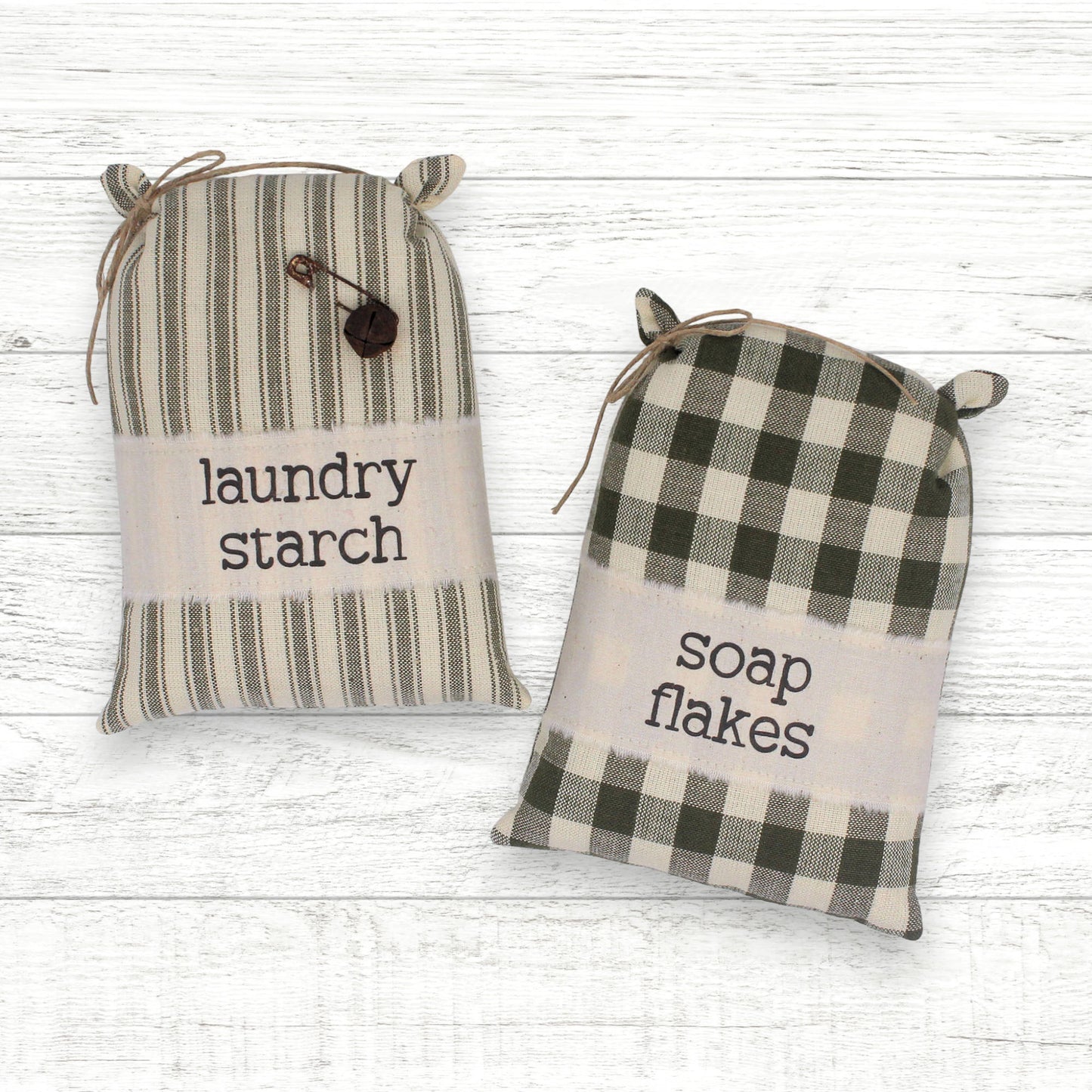 Set of two mini grain sack bowl fillers for a country primitive laundry room