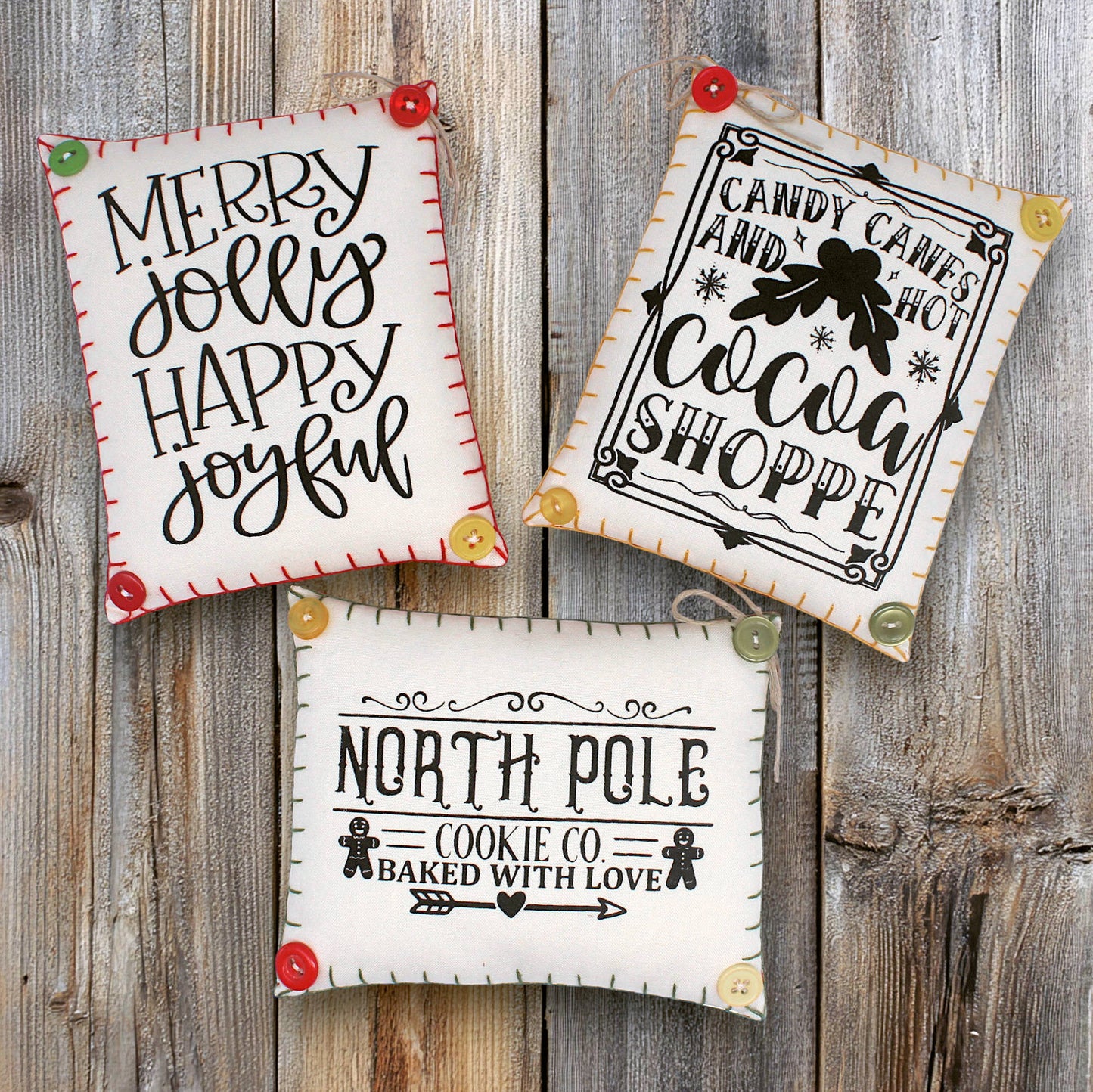 Set of three mini pillow bowl fillers with Christmas and winter holiday designs