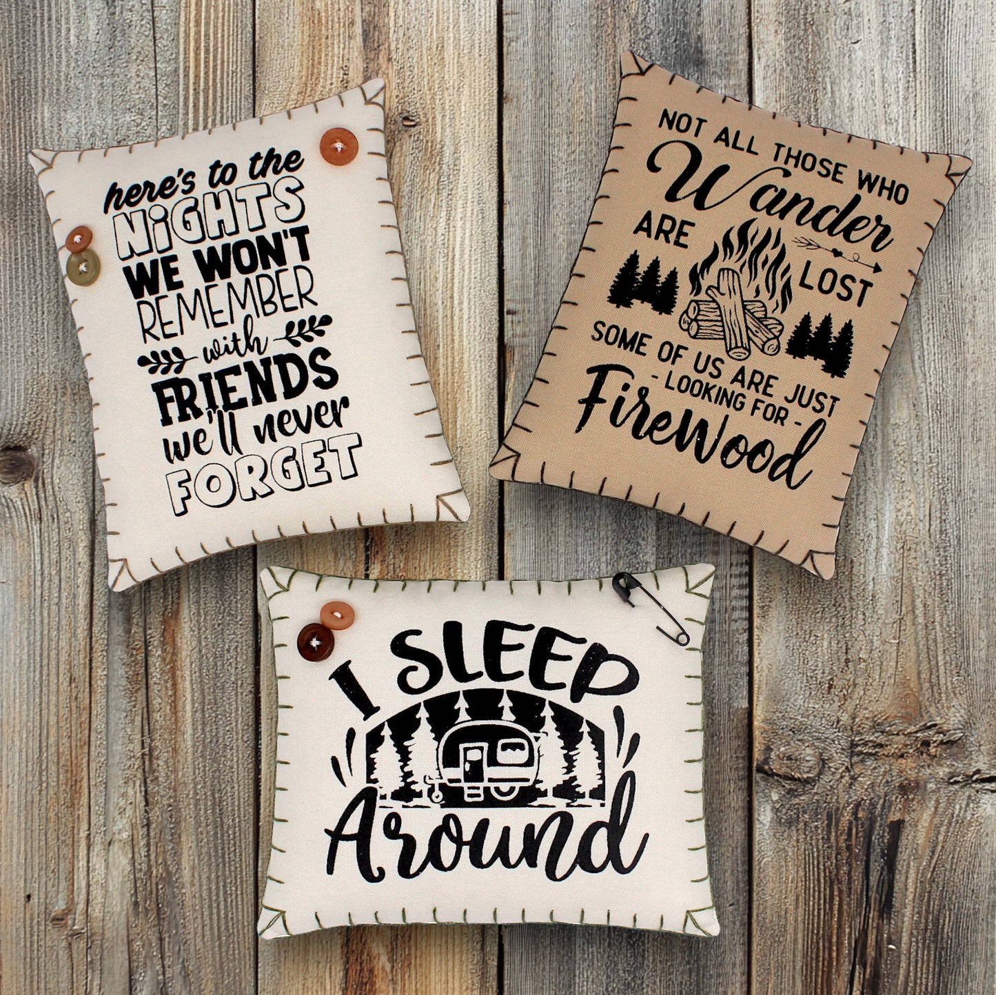 Set of three mini pillow bowl fillers with camping and friends themes