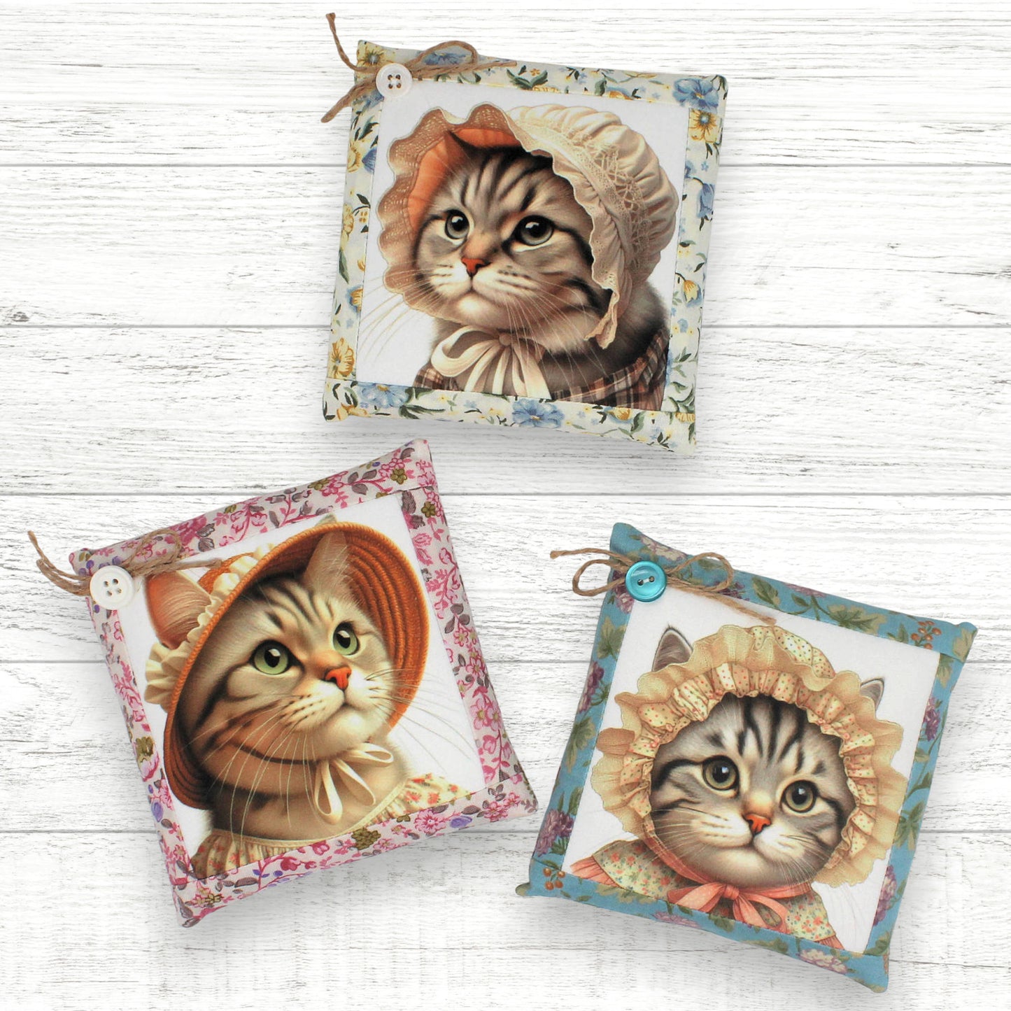 Set of three handcrafted cottagecore bowl fillers with images of kitty cats wearing bonnets