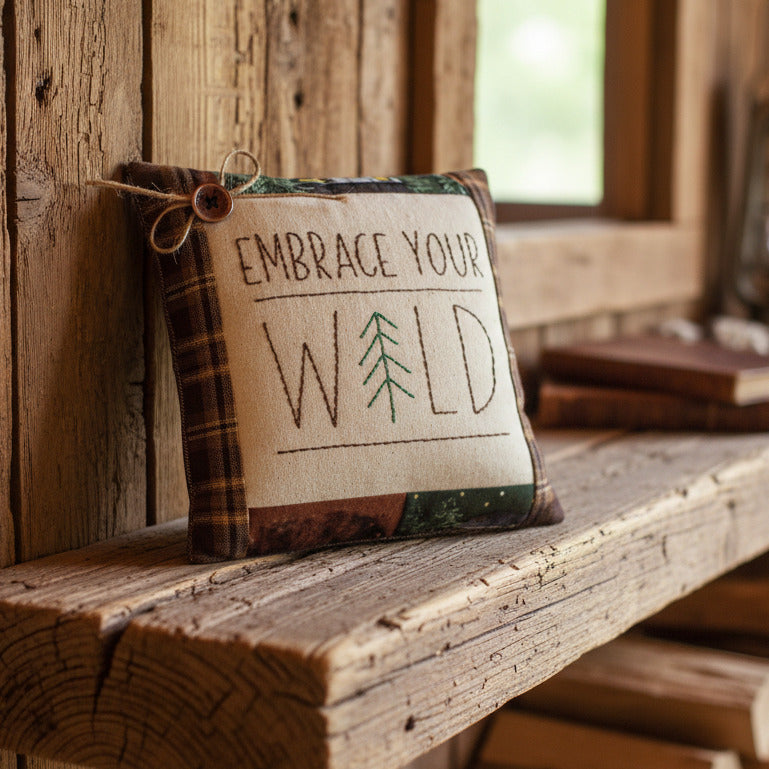 Small pillow with 'Embrace Your Wild' text and plaid border