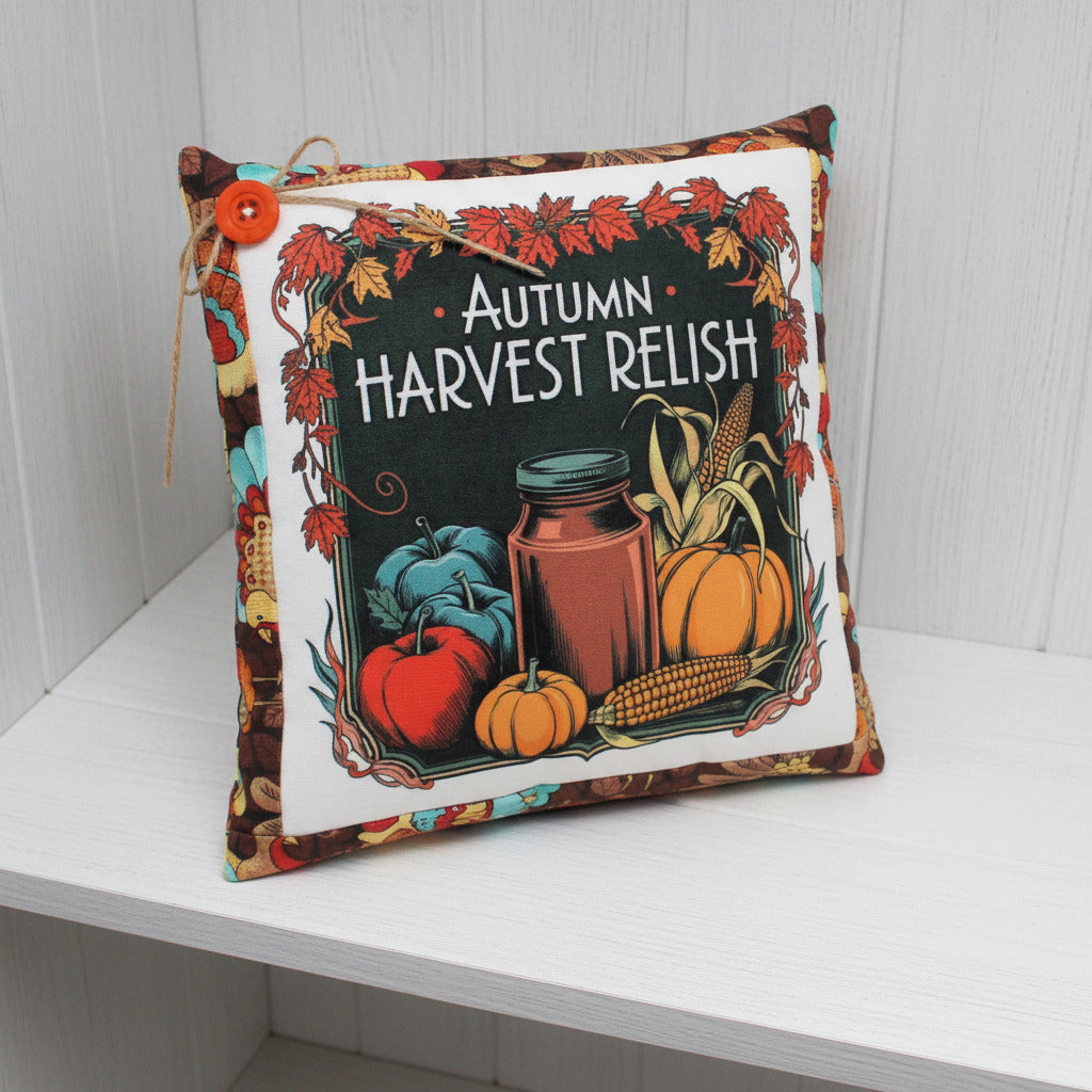 Decorative pillow with autumn harvest design featuring pumpkins, corn, and a jar.