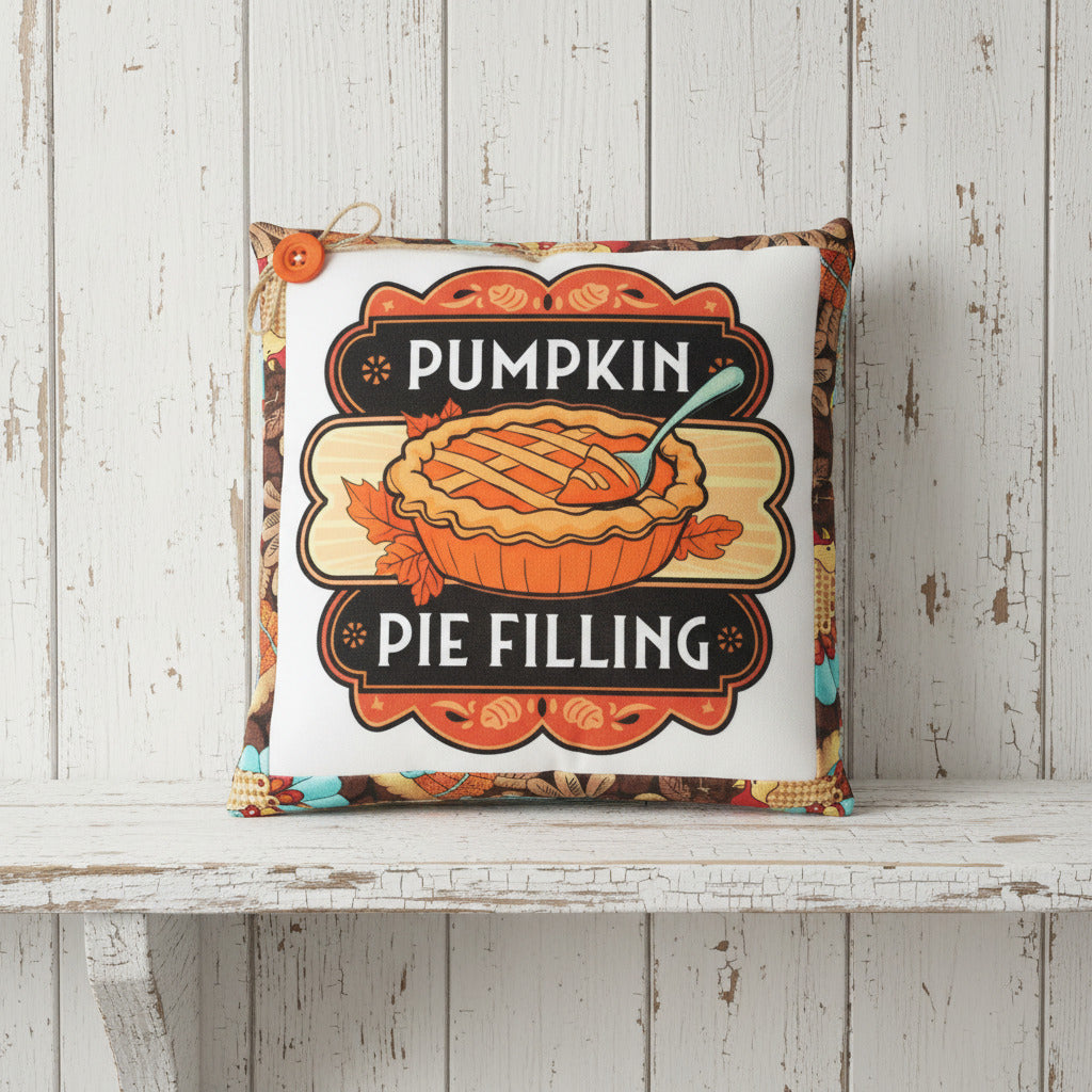 Small decorative pillow with a colorful pumpkin pie filling design