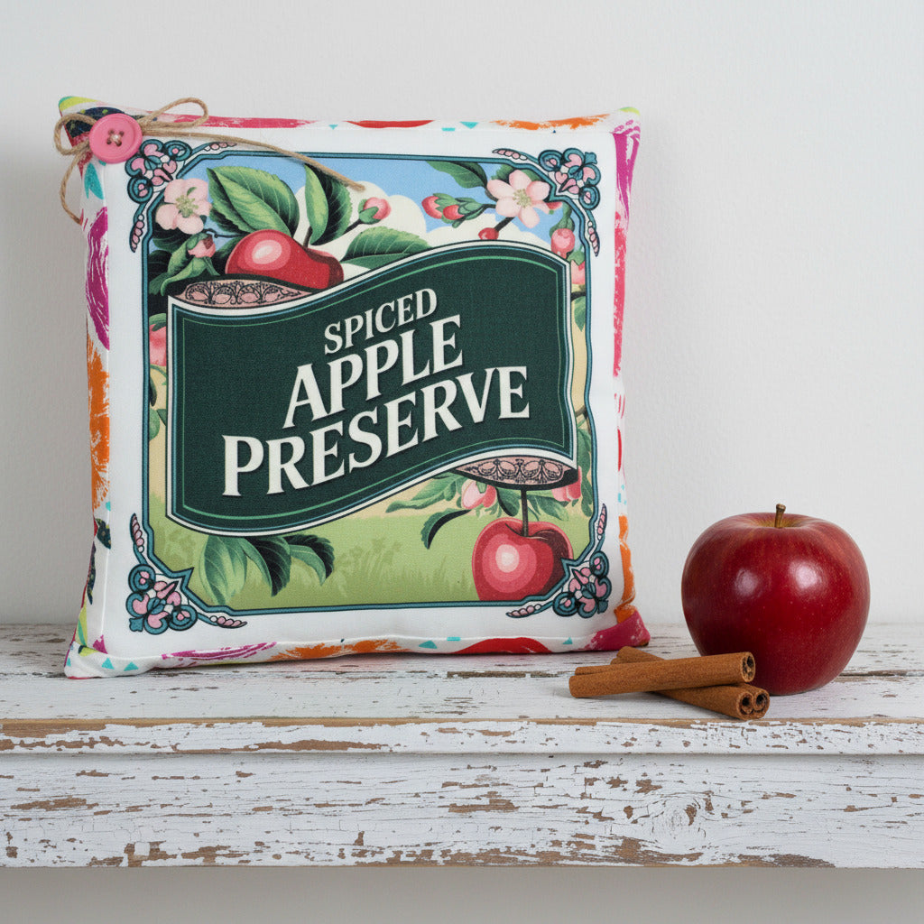 Decorative pillow with 'Spiced Apple Preserve' design on a white background