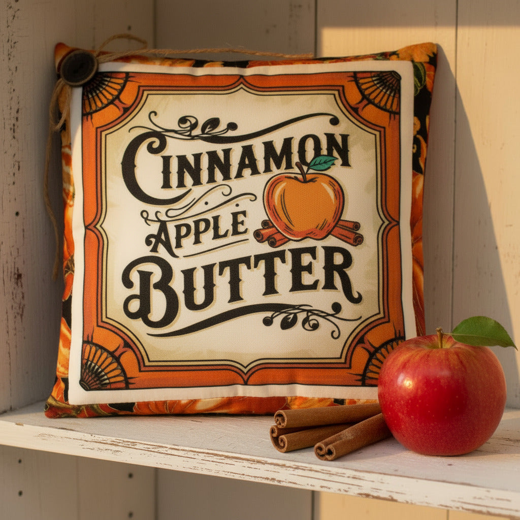 Small decorative pillow with a colorful cinnamon apple butter design for autumn decorating
