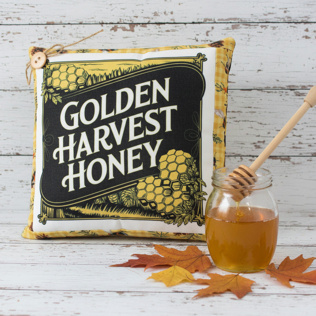 Pillow with 'Golden Harvest Honey' text and honeycomb design on a white background