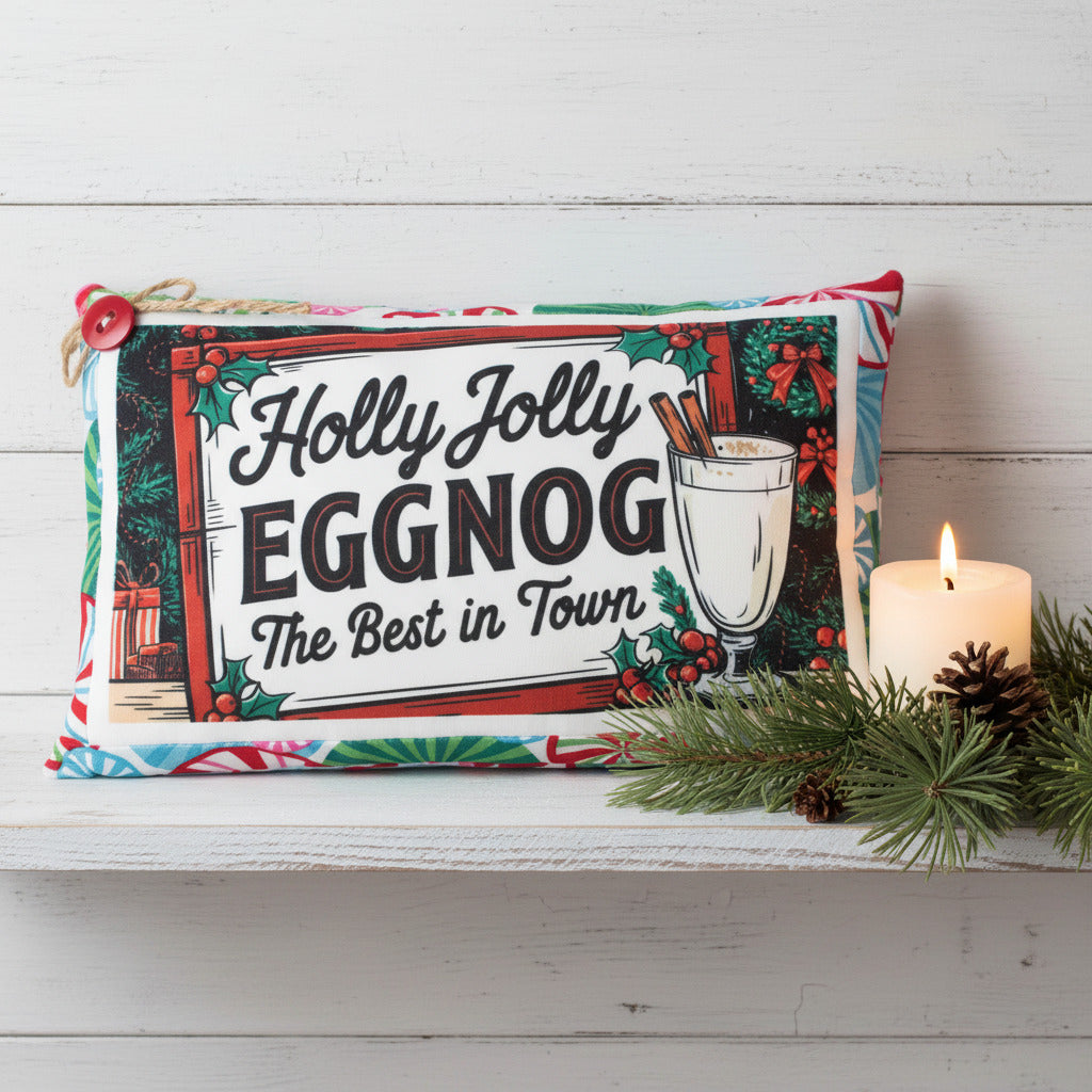 Decorative pillow with 'Holly Jolly Eggnog' text and festive design on a white background