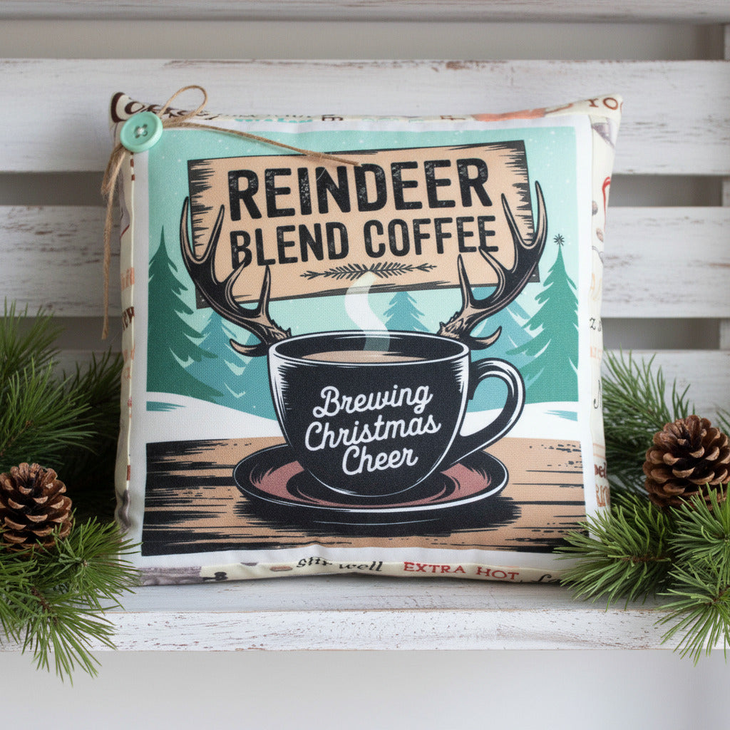 Decorative pillow with 'Reindeer Blend Coffee' and 'Brewing Christmas Cheer' text, surrounded by pine branches and pinecones.