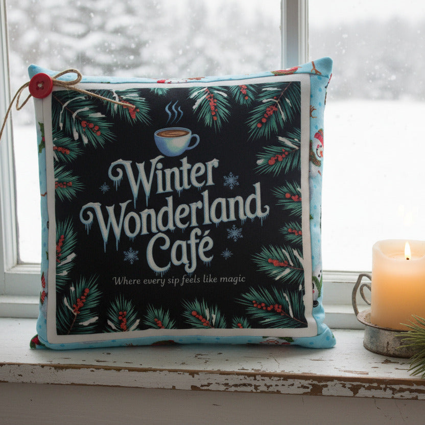 Decorative pillow with 'Winter Wonderland Café' design on a windowsill with a candle.