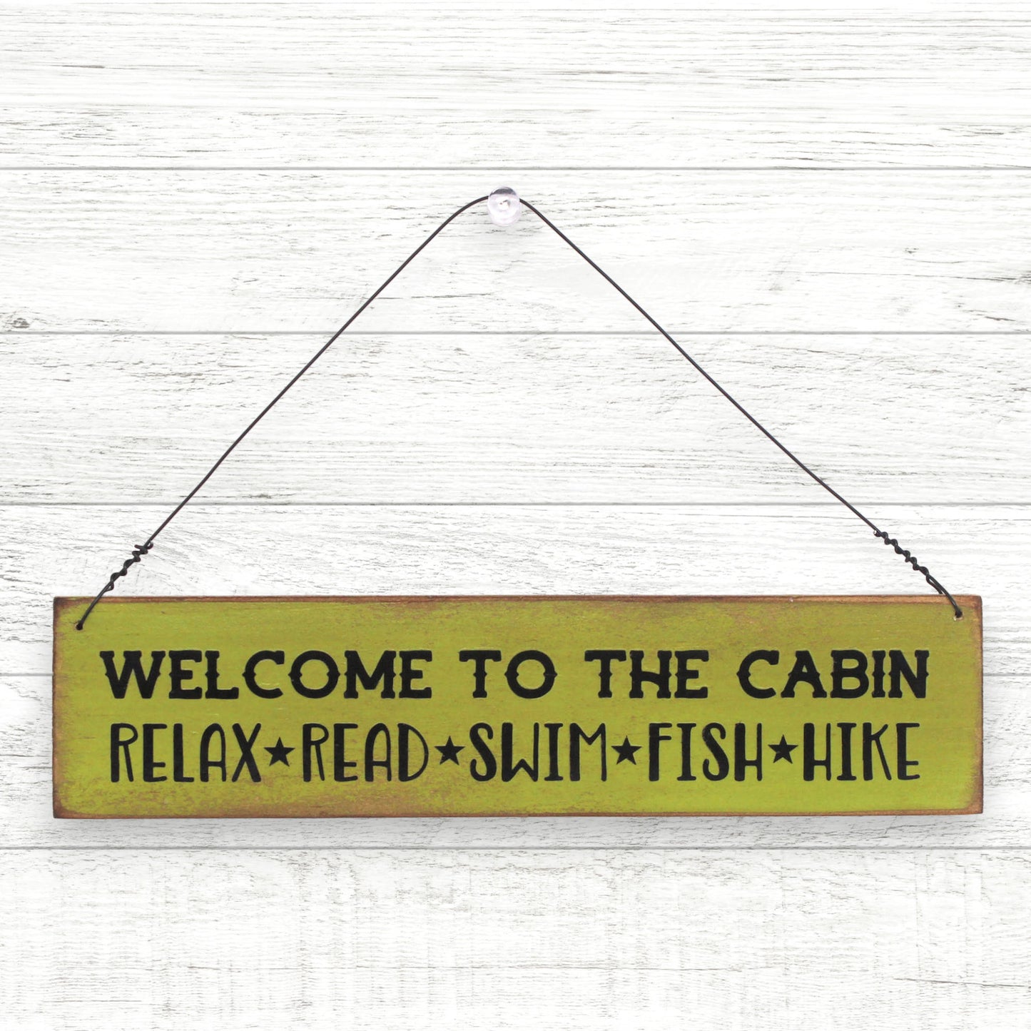Small 8" wooden sign for a cabin or camp that reads 'Welcome to the cabin -- relax, read, swim, fish, hike'