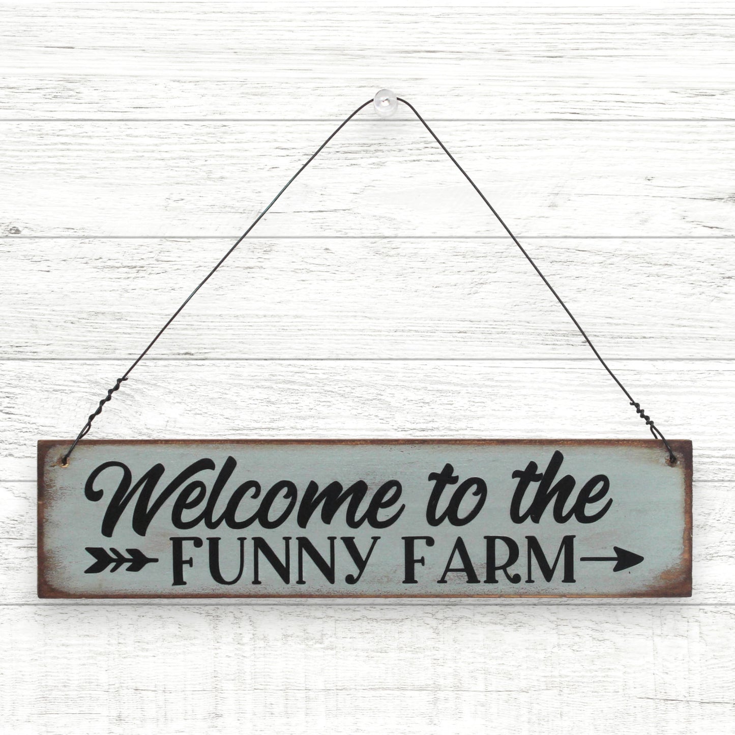 Small handcrafted wooden sign which reads 'welcome to the funny farm'