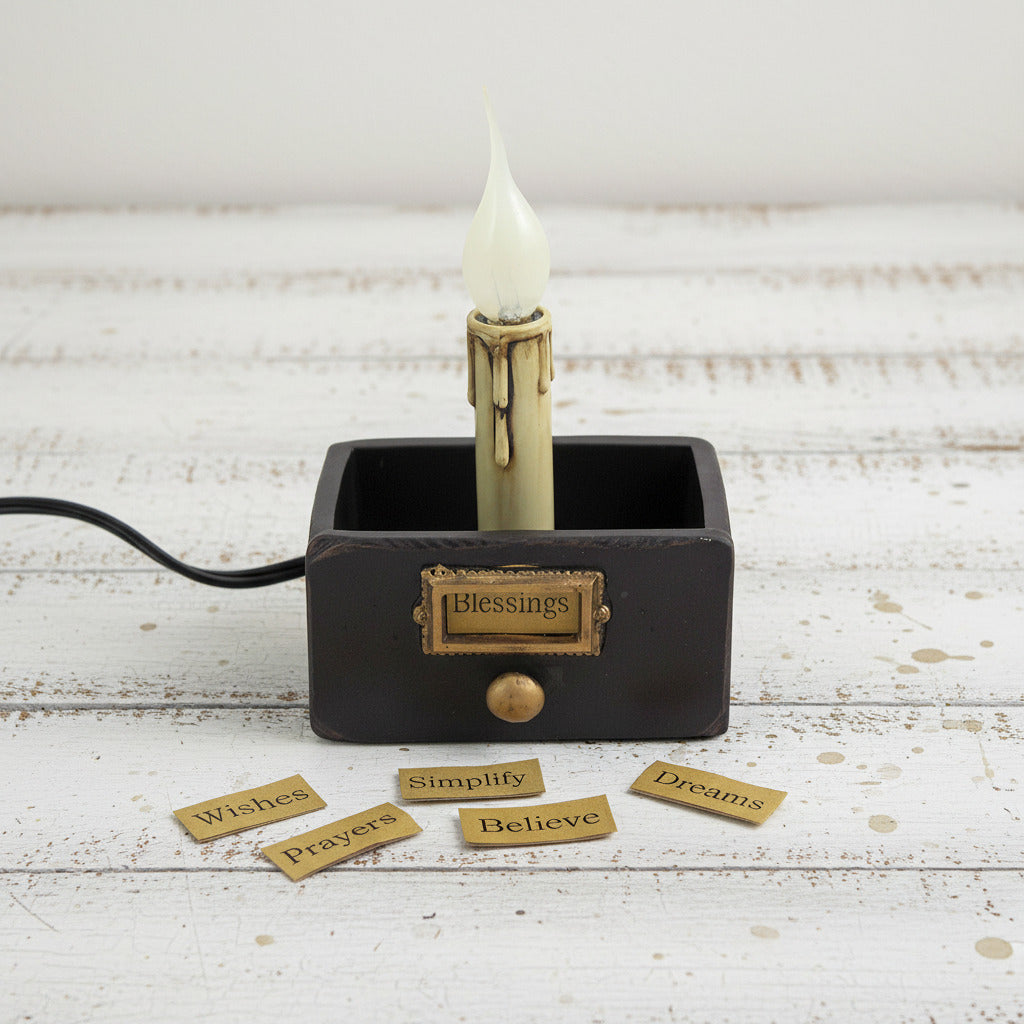 Reproduction vintage drawer electric candle lamp with interchangeable labels