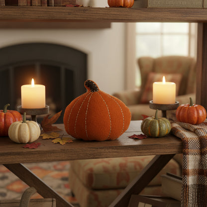 Decorative pumpkins and candles on a wooden table with a fireplace in the background