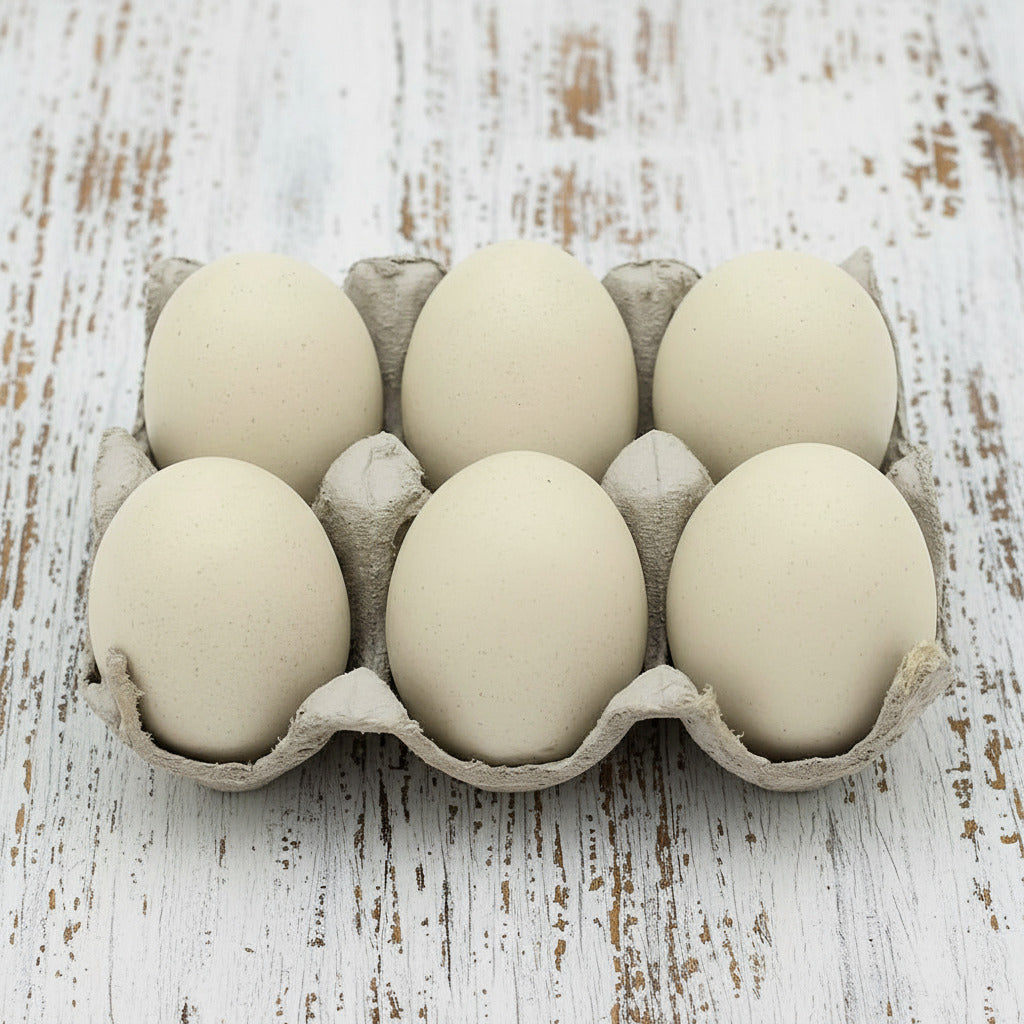Carton of six eggs on a white background