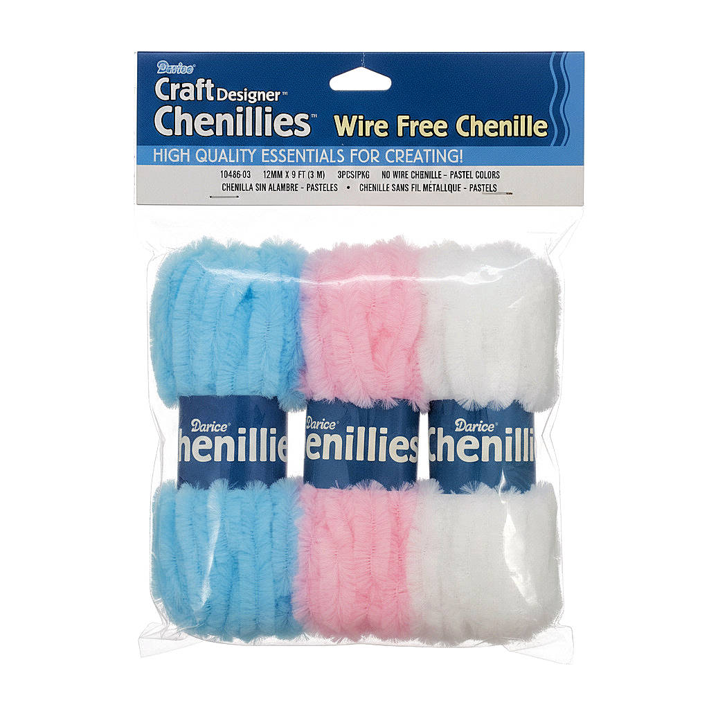 Packaged wire-free Chenillies in blue, pink, and white with Darice branding.