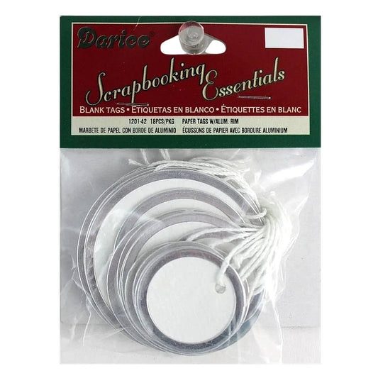 Packaged Darice scrapbooking blank tags with clear plastic window