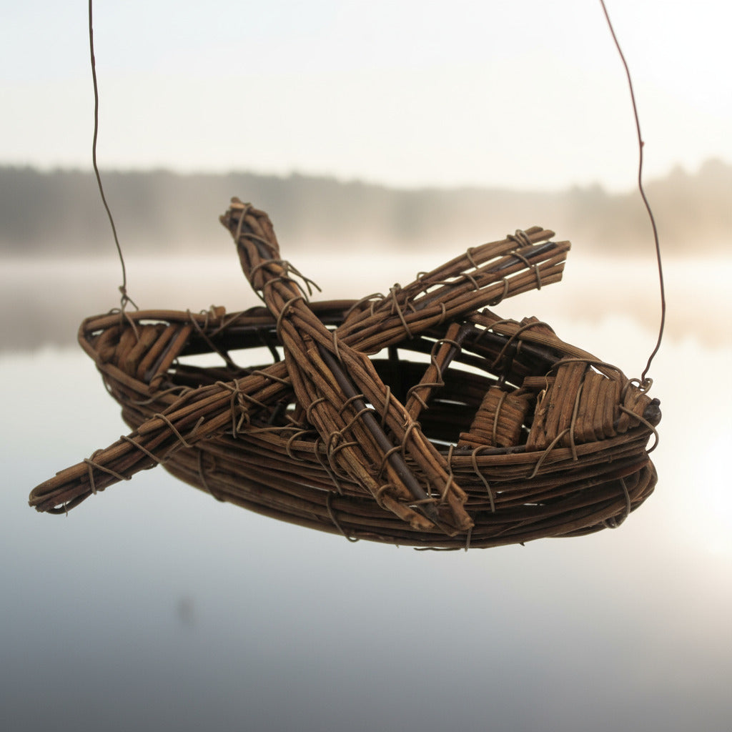Woven brown boat sculpture on a white background