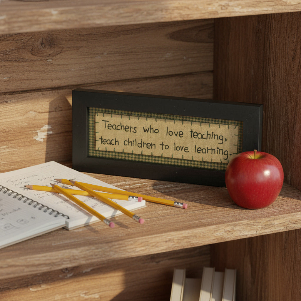 Primitive stitchery sign that reads Teachers who love teaching teach children to love learning