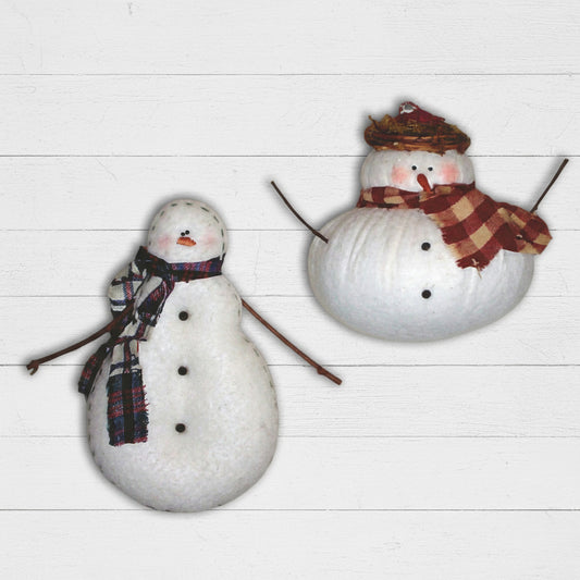 Two snowman ornaments with scarves and hats on a white background