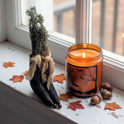 Candle with Halloween design on a windowsill with decorative elements