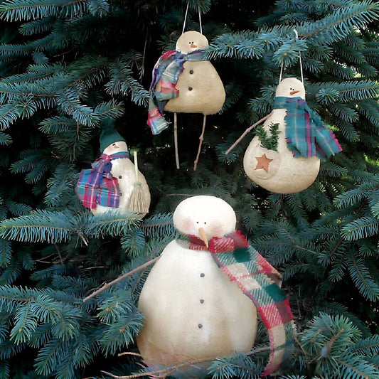 Pattern for a set of four primitive snowman ornaments