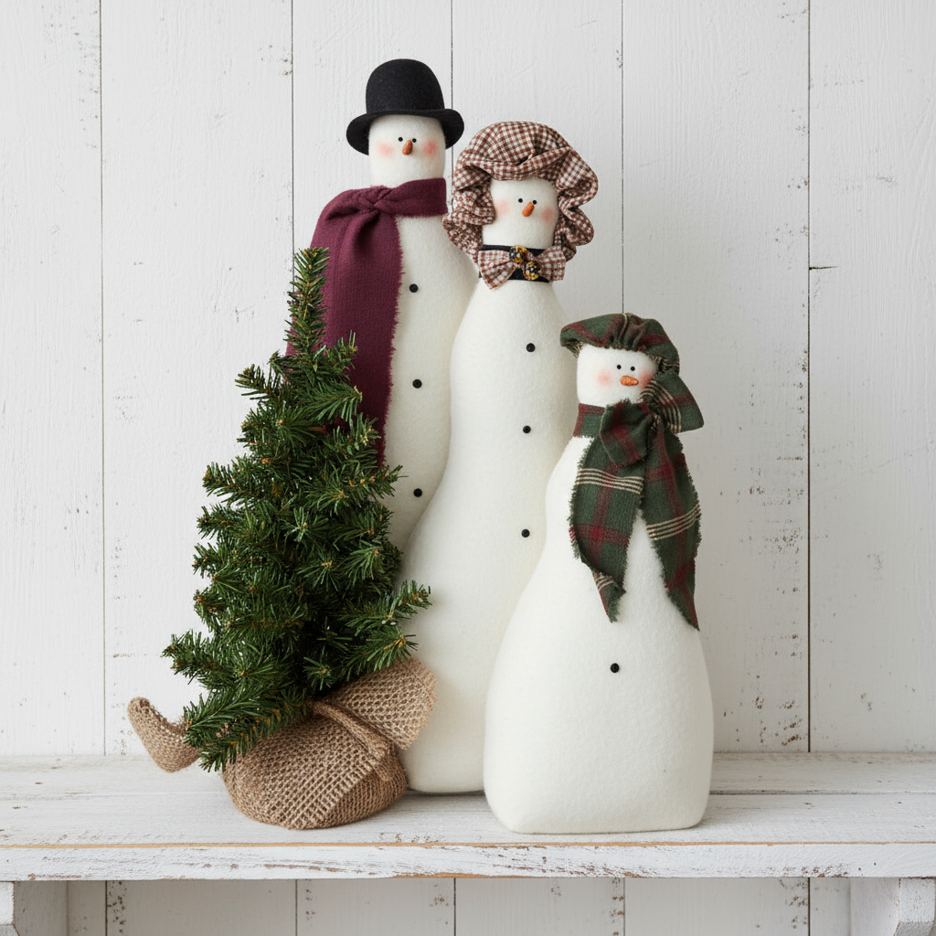 Three decorative snowmen with scarves and a small tree on a white wooden surface.