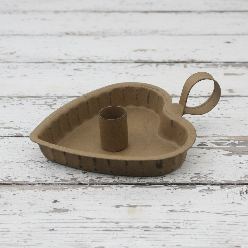 Heart-shaped tin colonial primitive mustard taper candle holder