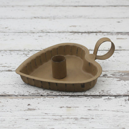 Heart-shaped tin colonial primitive mustard taper candle holder