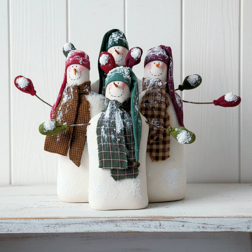 Four snowmen with scarves and hats on a white surface