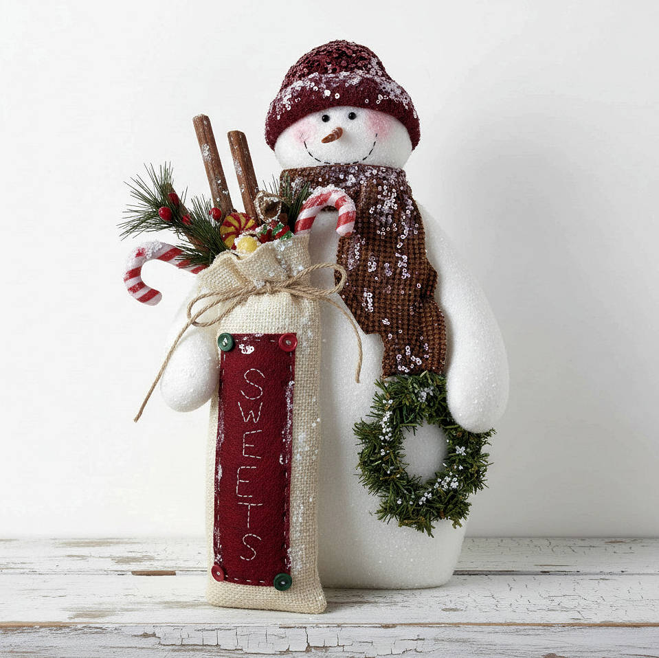 Decorative snowman figurine with a red sack labeled 'Sweets', candy canes, and a wreath on a white background.