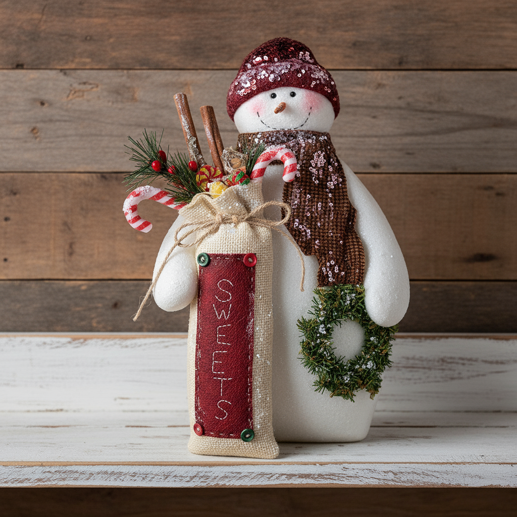Decorative snowman with candy canes and a sign on a wooden background