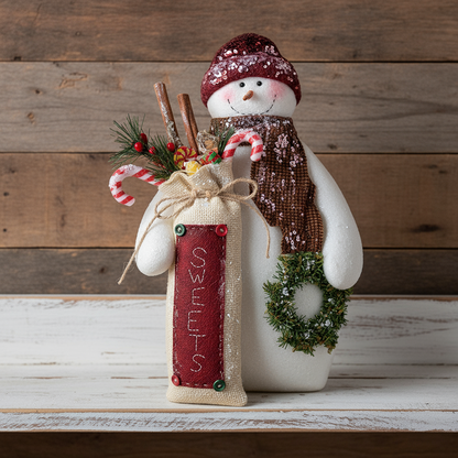 Decorative snowman with candy canes and a sign on a wooden background