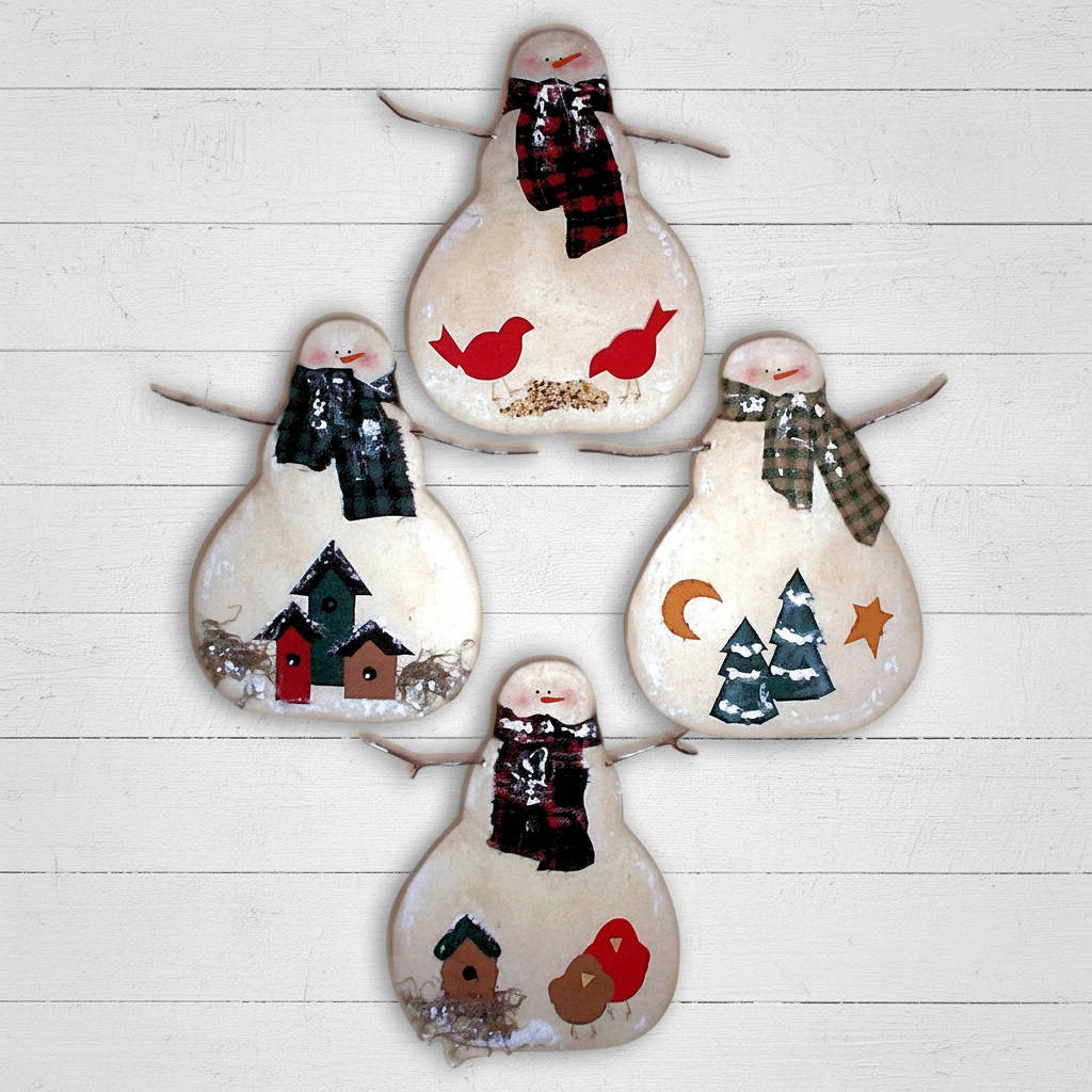 Snowmen ornaments with decorative scenes