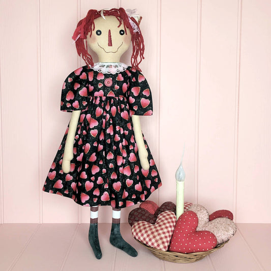 Primitive raggedy Ann doll pattern with bowl filler hearts
